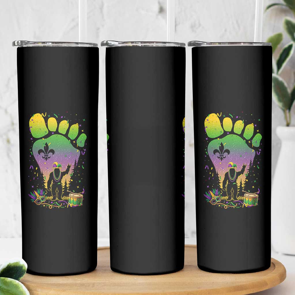 Mardi Gras Bigfoot Skinny Tumbler Sasquatch Forest Footprint Carnival Party