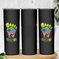 Mardi Gras Bigfoot Skinny Tumbler Sasquatch Forest Footprint Carnival Party