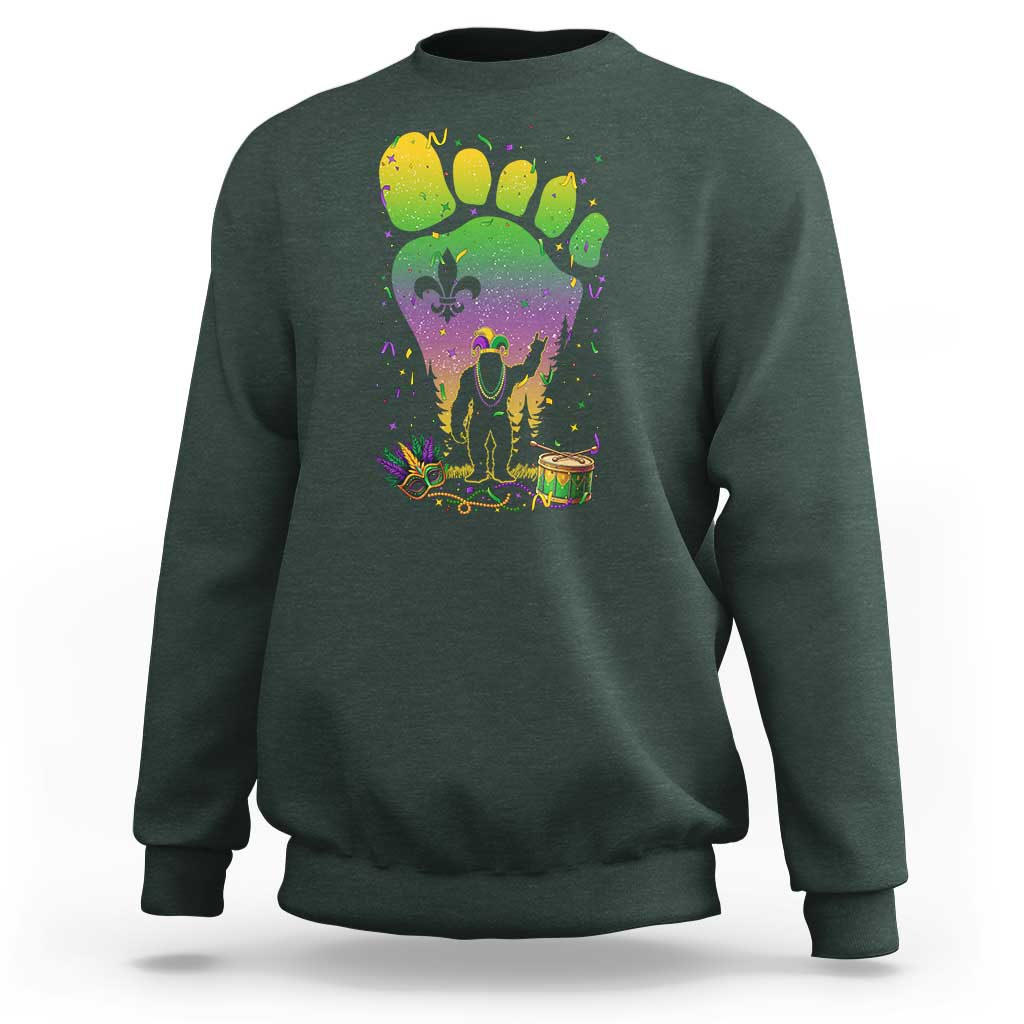 Mardi Gras Bigfoot Sweatshirt Sasquatch Forest Footprint Carnival Party