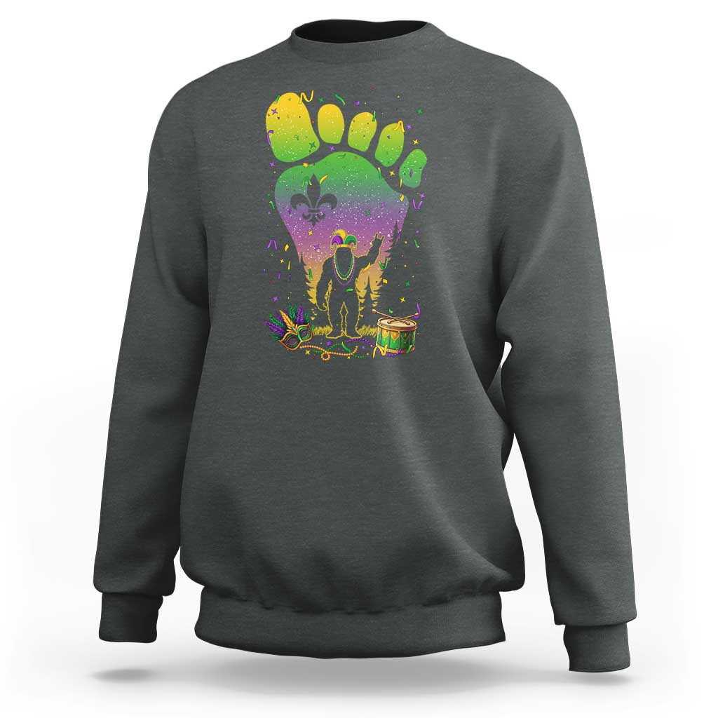 Mardi Gras Bigfoot Sweatshirt Sasquatch Forest Footprint Carnival Party