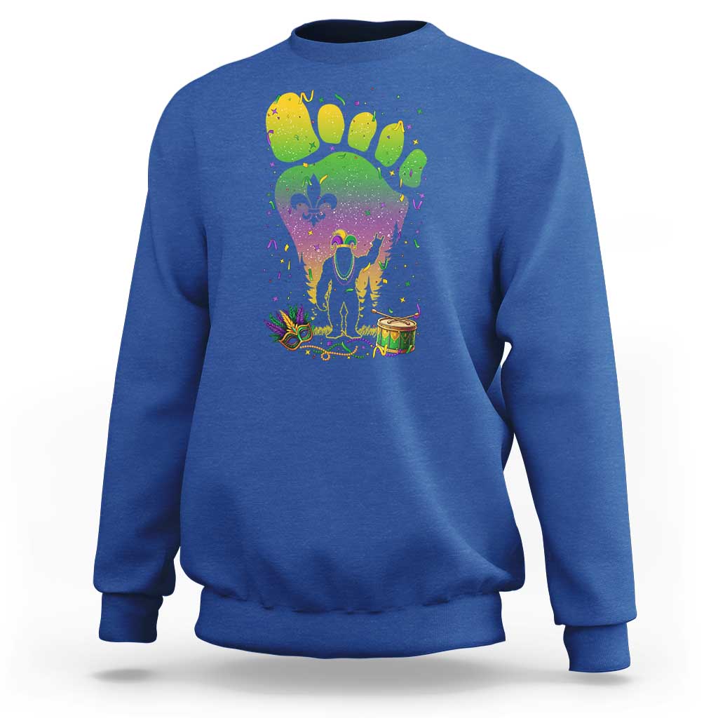 Mardi Gras Bigfoot Sweatshirt Sasquatch Forest Footprint Carnival Party