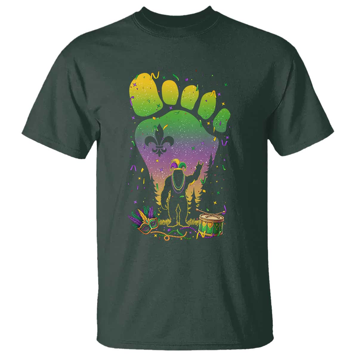 Mardi Gras Bigfoot T Shirt Sasquatch Forest Footprint Carnival Party