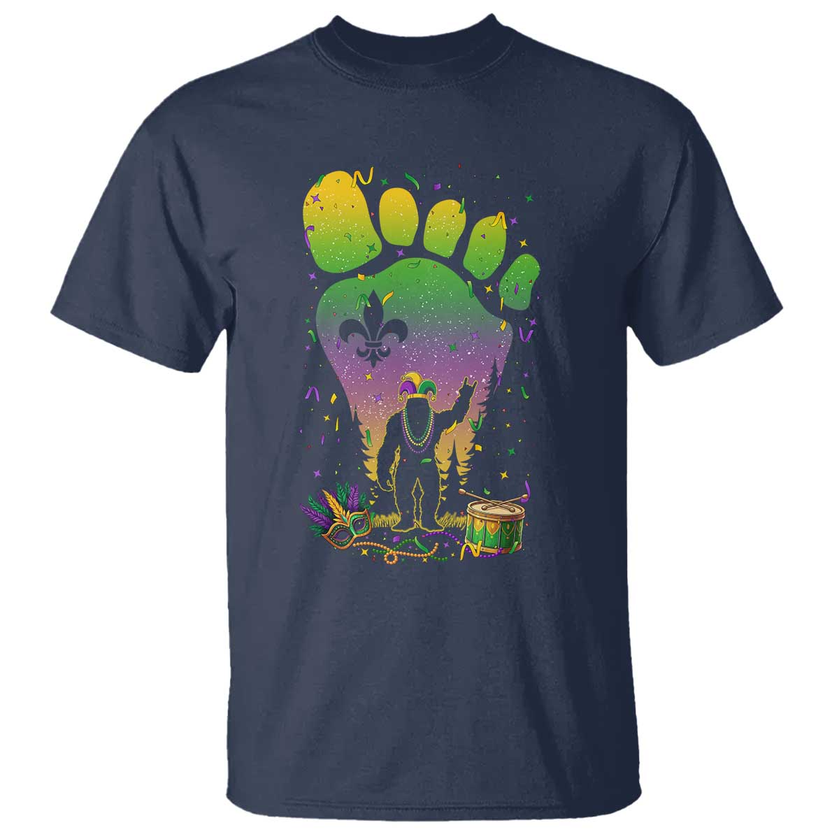 Mardi Gras Bigfoot T Shirt Sasquatch Forest Footprint Carnival Party