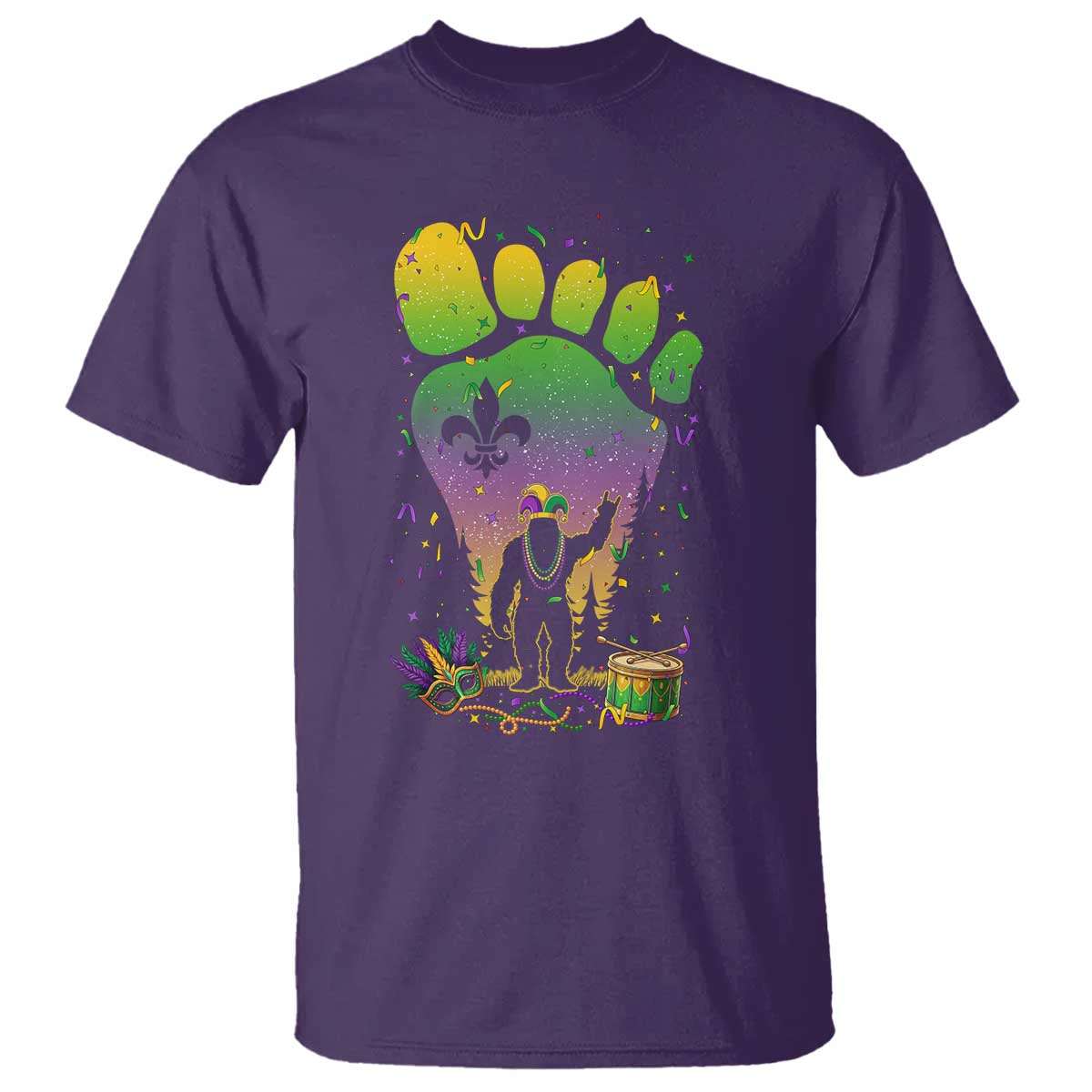 Mardi Gras Bigfoot T Shirt Sasquatch Forest Footprint Carnival Party