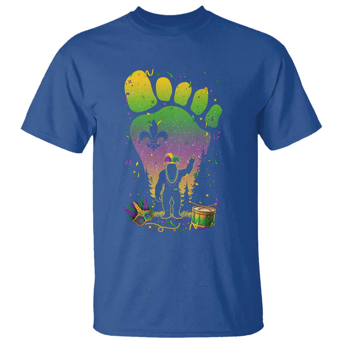 Mardi Gras Bigfoot T Shirt Sasquatch Forest Footprint Carnival Party