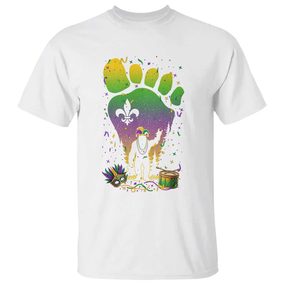 Mardi Gras Bigfoot T Shirt Sasquatch Forest Footprint Carnival Party