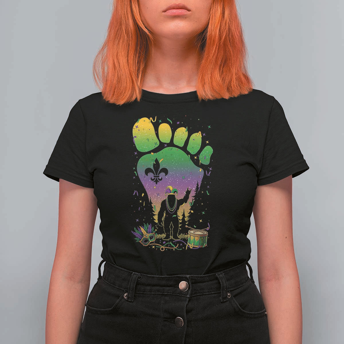 Mardi Gras Bigfoot T Shirt For Women Sasquatch Forest Footprint Carnival Party