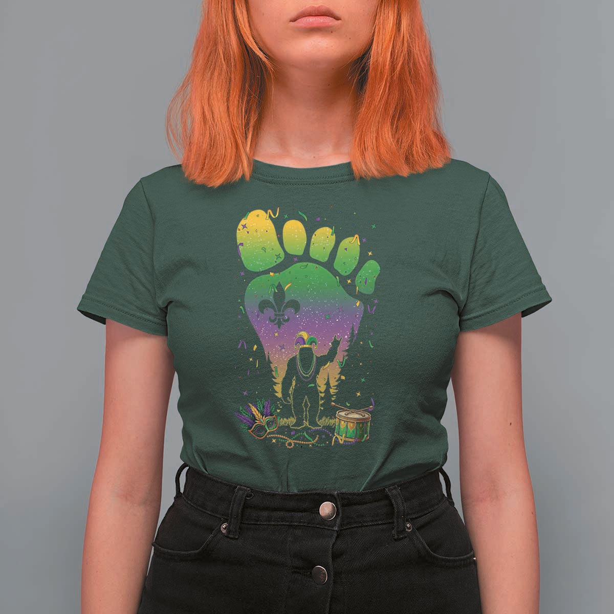 Mardi Gras Bigfoot T Shirt For Women Sasquatch Forest Footprint Carnival Party