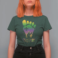 Mardi Gras Bigfoot T Shirt For Women Sasquatch Forest Footprint Carnival Party