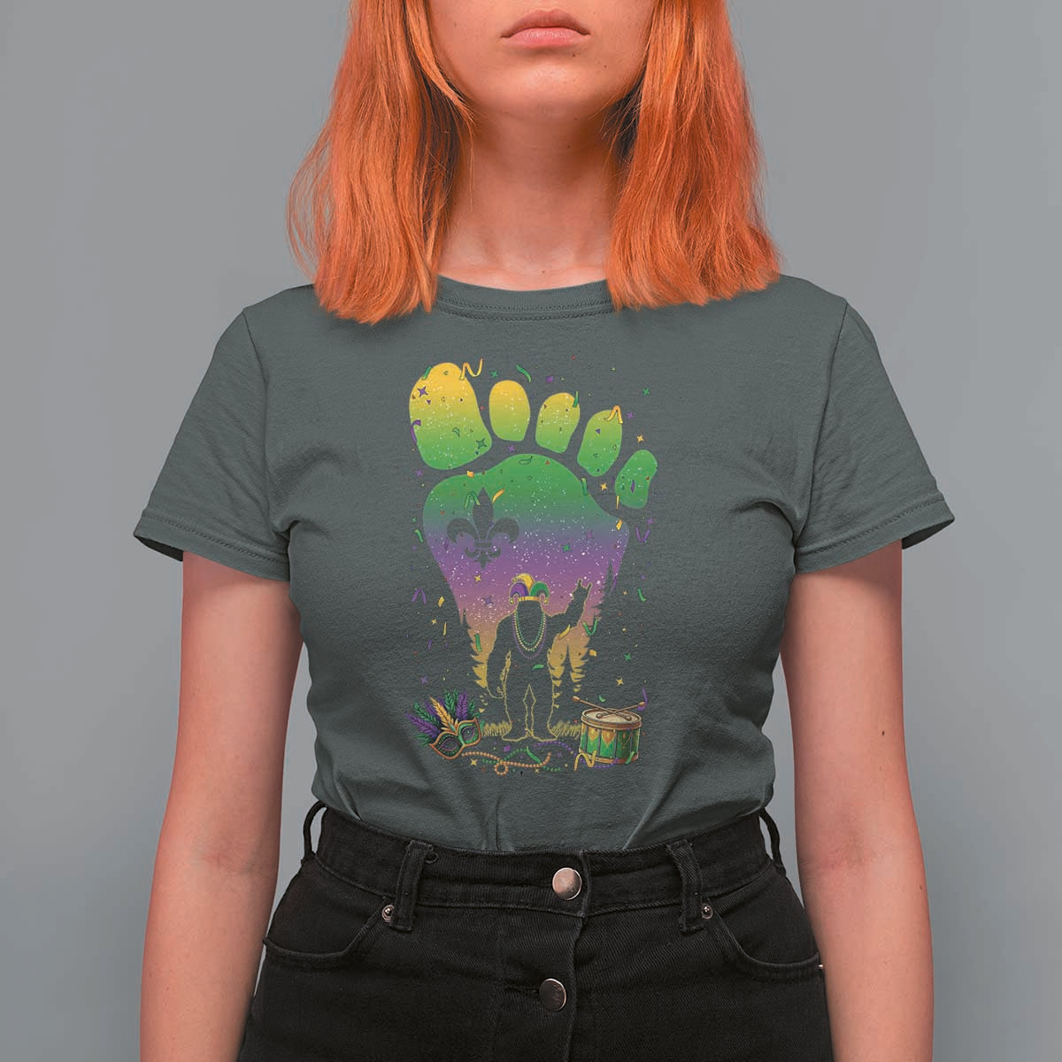 Mardi Gras Bigfoot T Shirt For Women Sasquatch Forest Footprint Carnival Party
