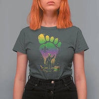 Mardi Gras Bigfoot T Shirt For Women Sasquatch Forest Footprint Carnival Party