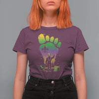 Mardi Gras Bigfoot T Shirt For Women Sasquatch Forest Footprint Carnival Party