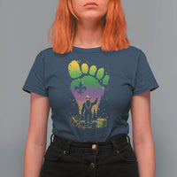 Mardi Gras Bigfoot T Shirt For Women Sasquatch Forest Footprint Carnival Party