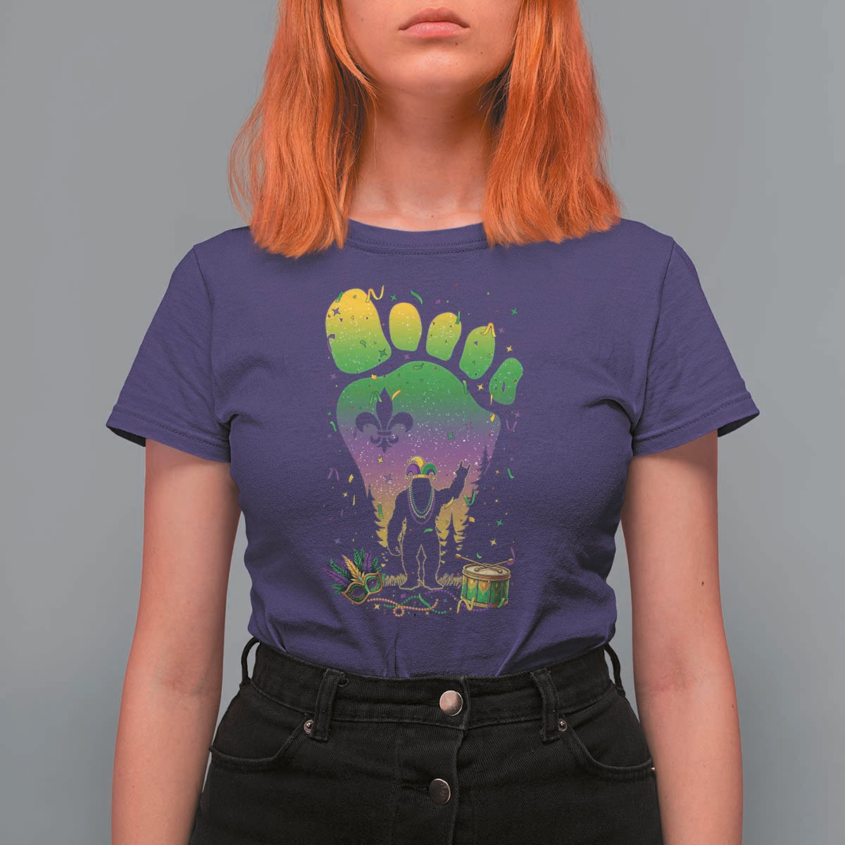 Mardi Gras Bigfoot T Shirt For Women Sasquatch Forest Footprint Carnival Party