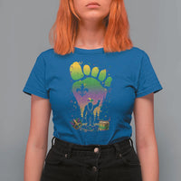 Mardi Gras Bigfoot T Shirt For Women Sasquatch Forest Footprint Carnival Party