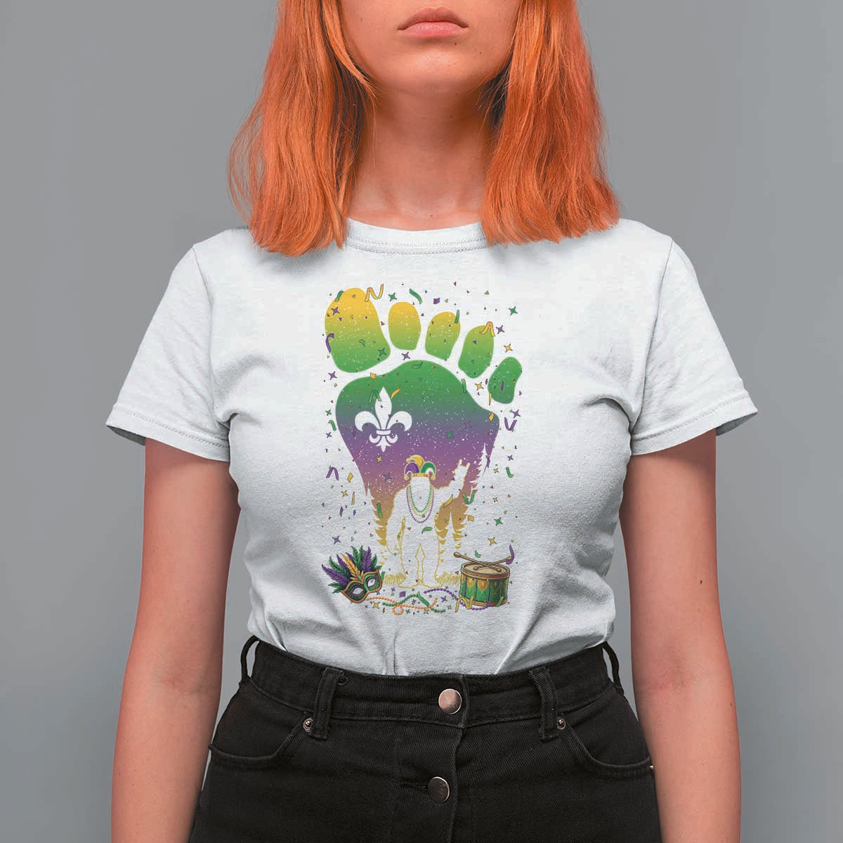 Mardi Gras Bigfoot T Shirt For Women Sasquatch Forest Footprint Carnival Party