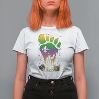 Mardi Gras Bigfoot T Shirt For Women Sasquatch Forest Footprint Carnival Party