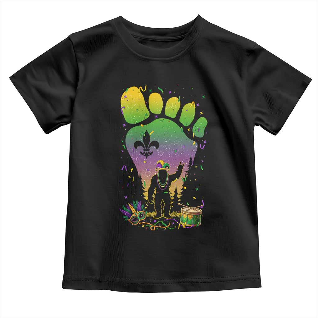 Mardi Gras Bigfoot Toddler T Shirt Sasquatch Forest Footprint Carnival Party