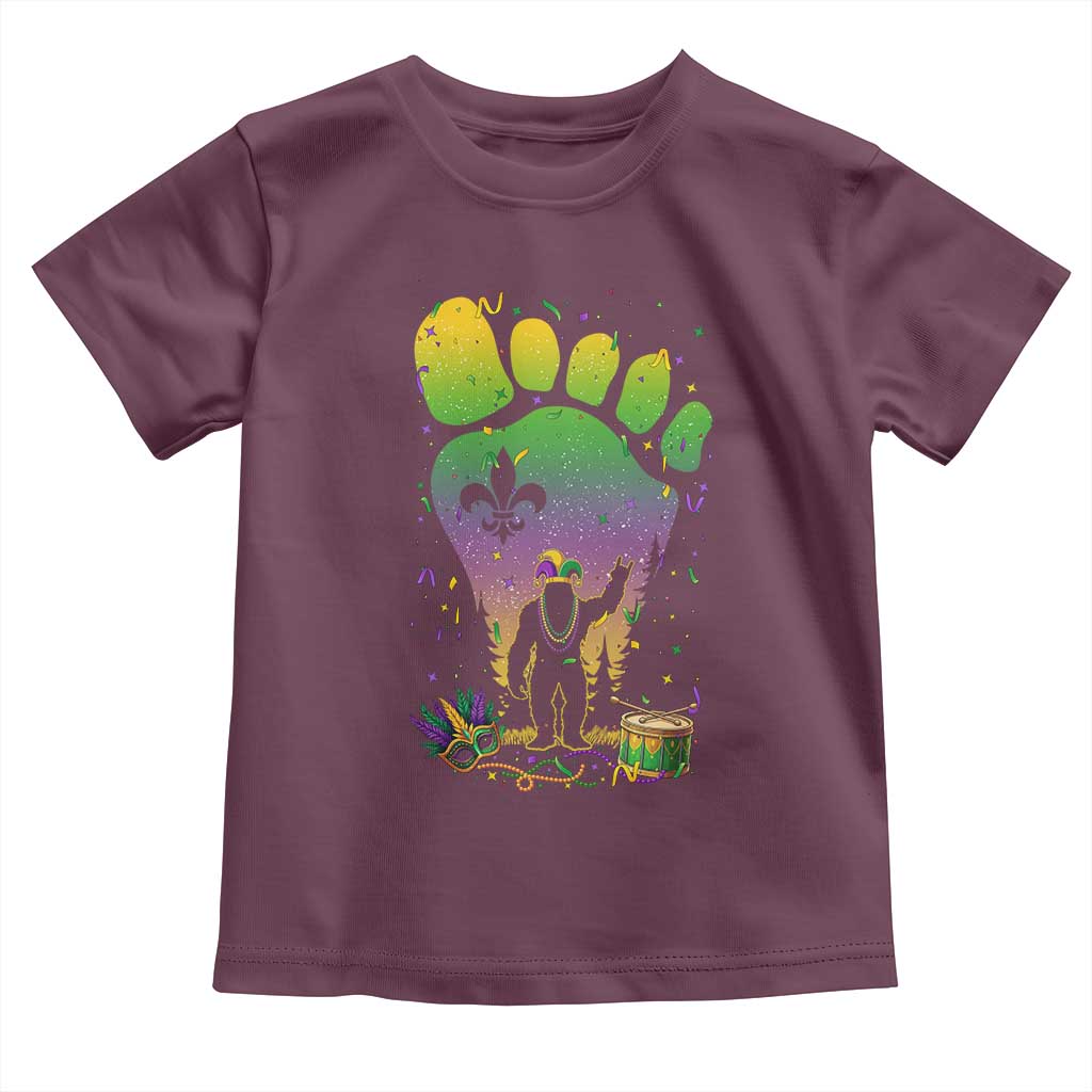 Mardi Gras Bigfoot Toddler T Shirt Sasquatch Forest Footprint Carnival Party