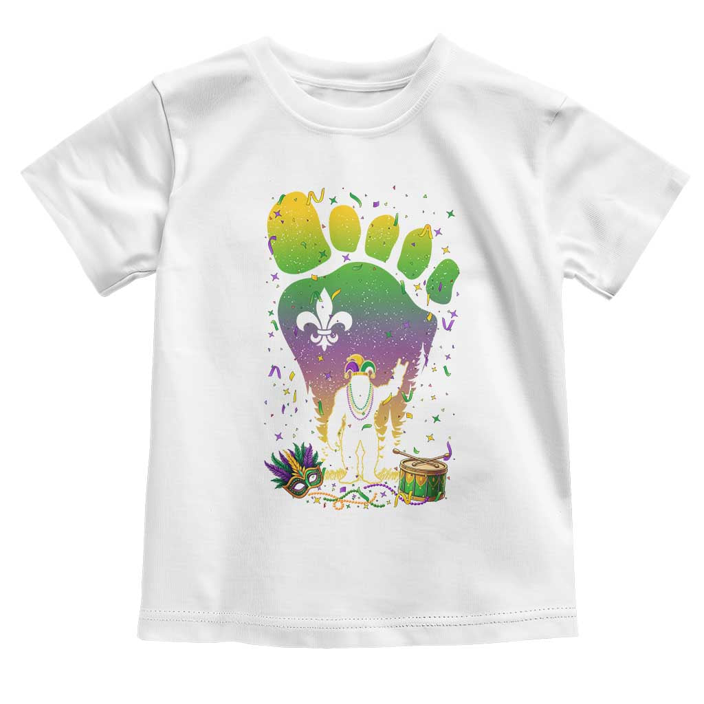Mardi Gras Bigfoot Toddler T Shirt Sasquatch Forest Footprint Carnival Party