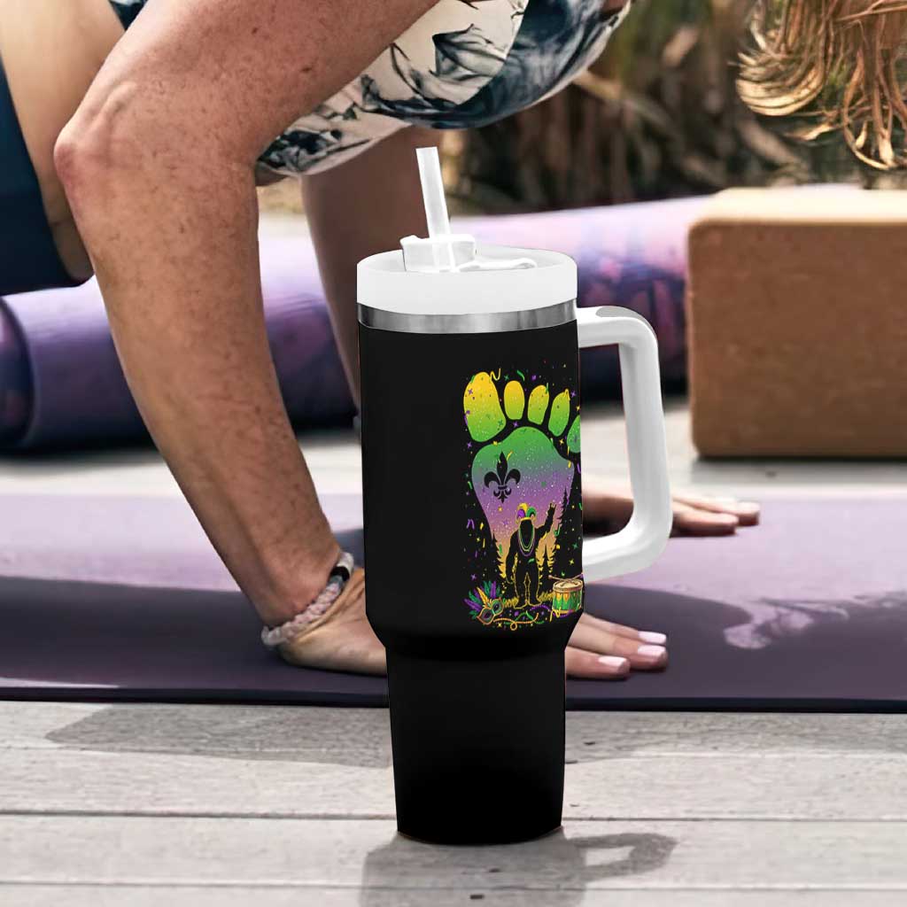 Mardi Gras Bigfoot Tumbler With Handle Sasquatch Forest Footprint Carnival Party