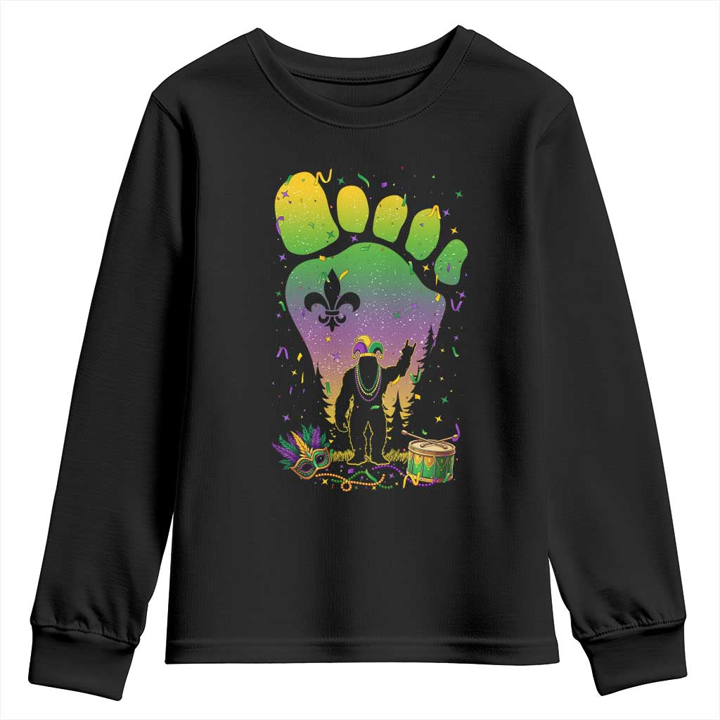 Mardi Gras Bigfoot Youth Sweatshirt Sasquatch Forest Footprint Carnival Party