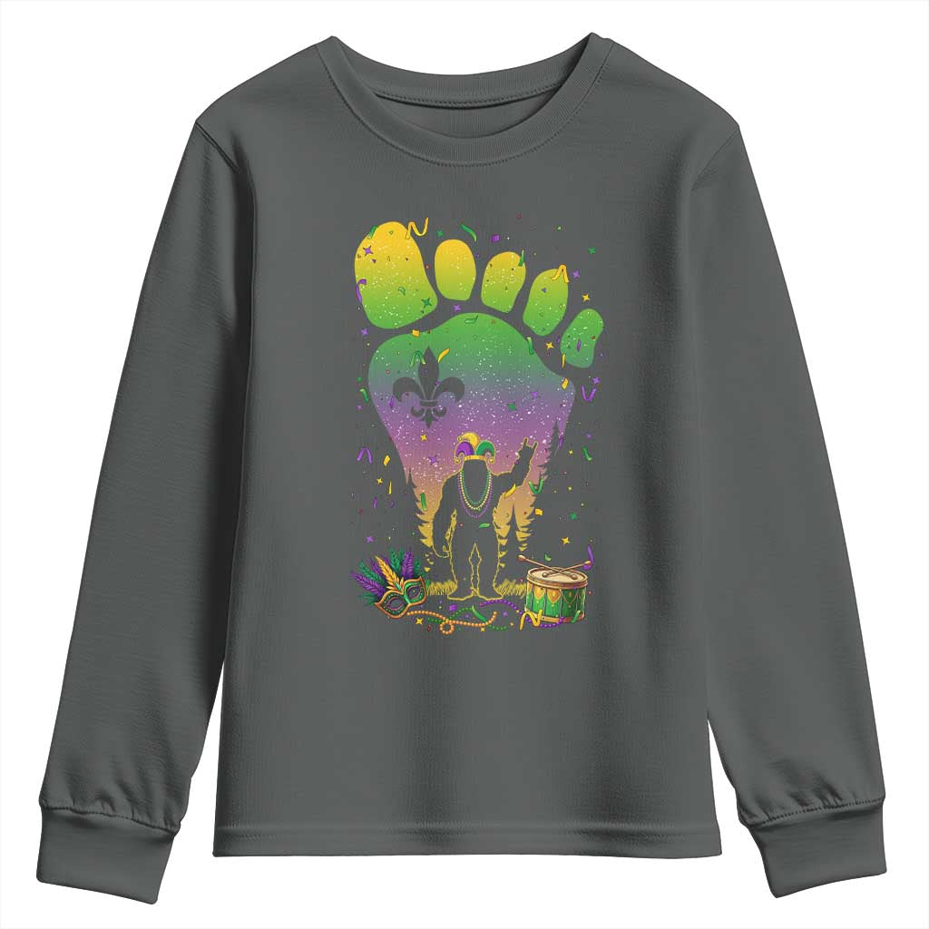 Mardi Gras Bigfoot Youth Sweatshirt Sasquatch Forest Footprint Carnival Party