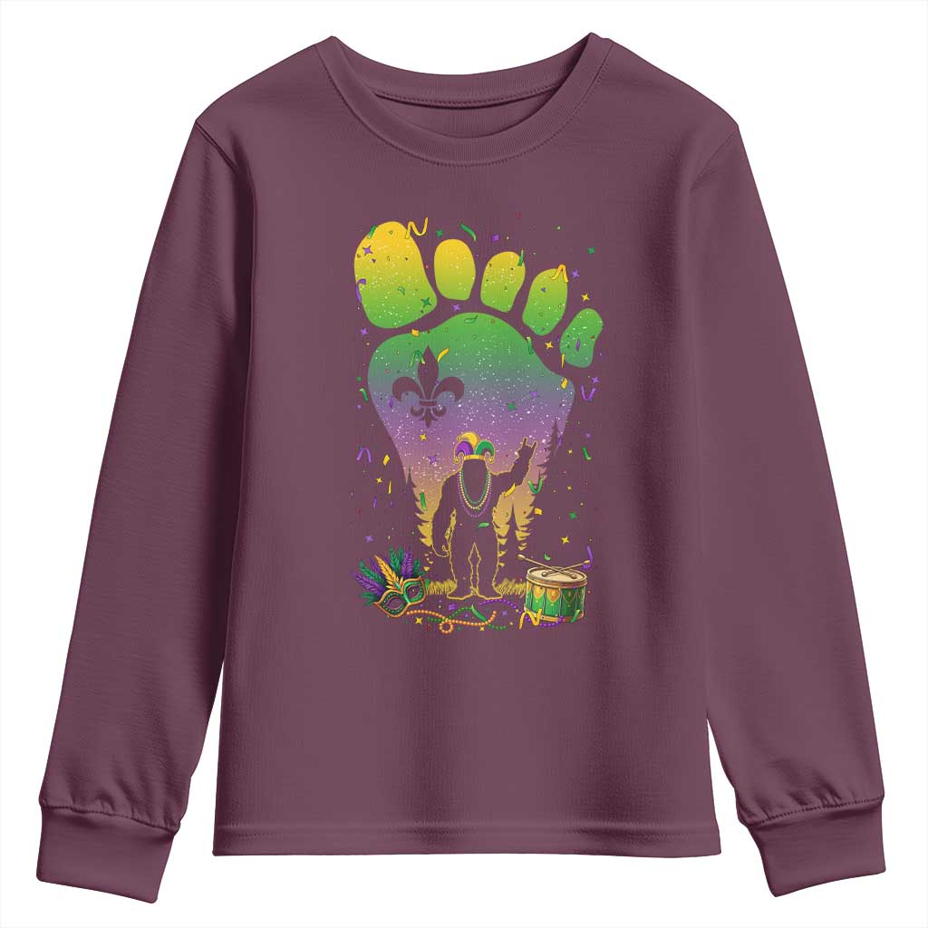 Mardi Gras Bigfoot Youth Sweatshirt Sasquatch Forest Footprint Carnival Party