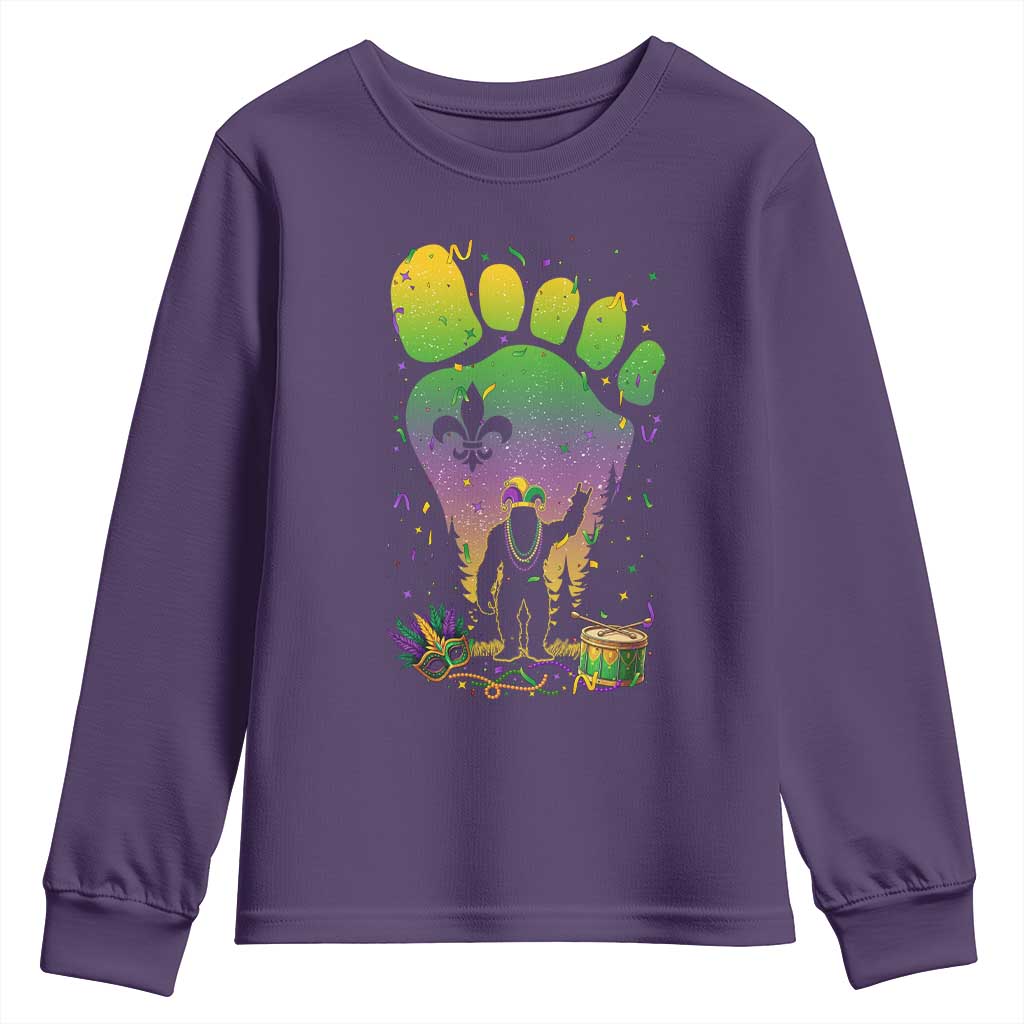 Mardi Gras Bigfoot Youth Sweatshirt Sasquatch Forest Footprint Carnival Party
