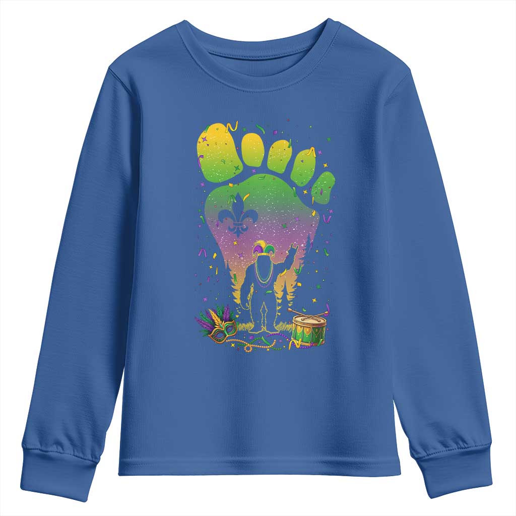 Mardi Gras Bigfoot Youth Sweatshirt Sasquatch Forest Footprint Carnival Party
