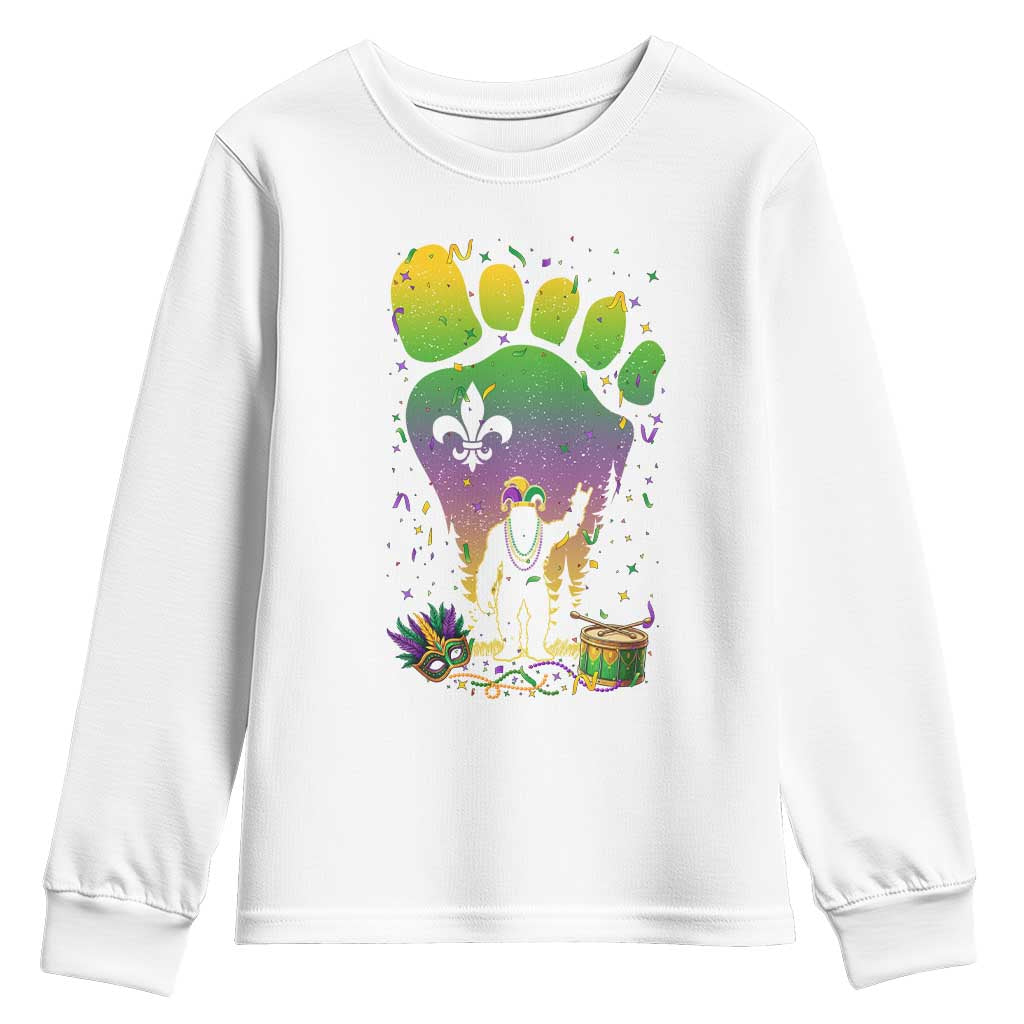 Mardi Gras Bigfoot Youth Sweatshirt Sasquatch Forest Footprint Carnival Party