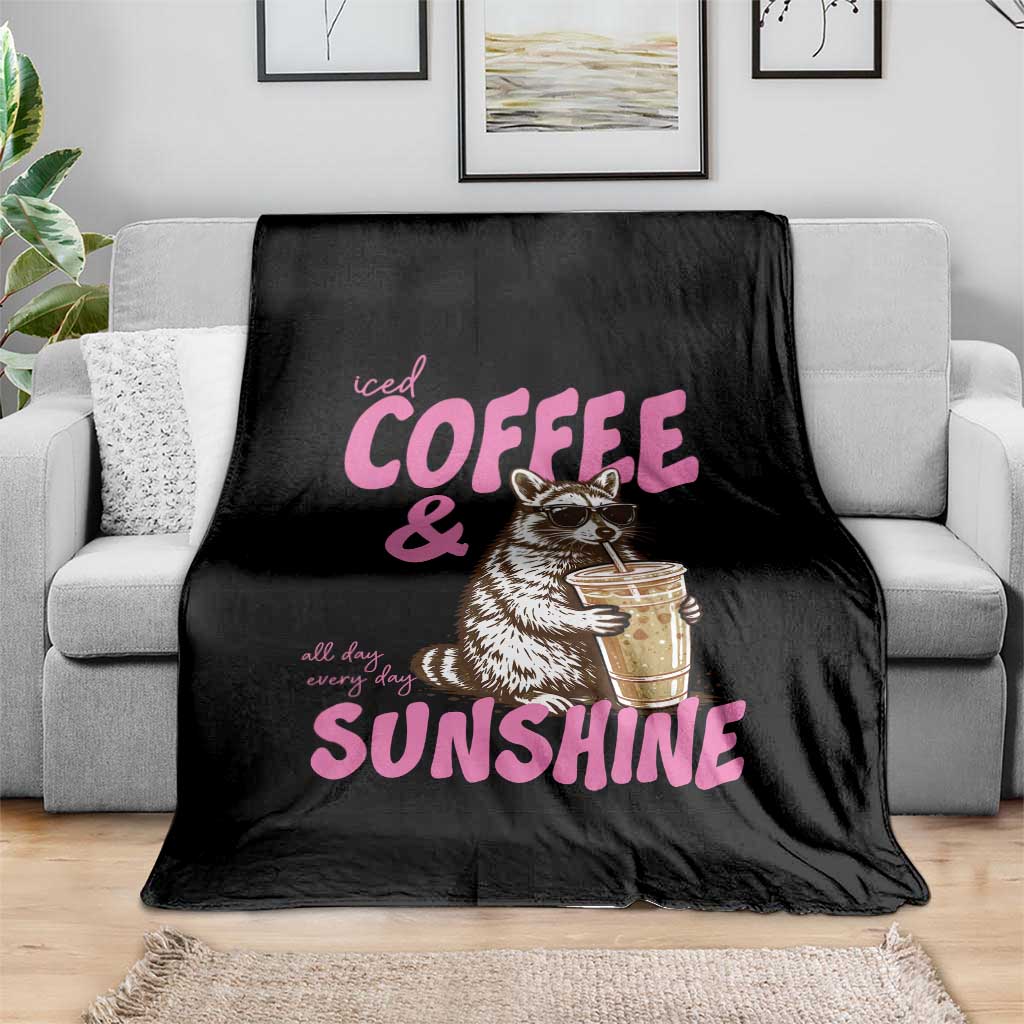 Iced Coffee and Sunshine Throw Blanket Funny Raccoon Summer Coffee Lover Gift