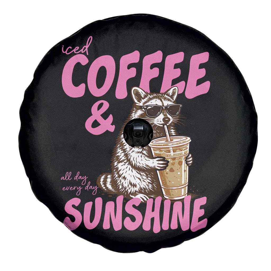 Iced Coffee and Sunshine Spare Tire Cover Funny Raccoon Summer Coffee Lover Gift