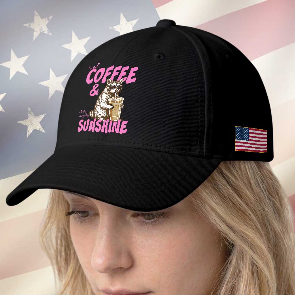 Iced Coffee and Sunshine Baseball Cap Funny Raccoon Summer Coffee Lover Gift