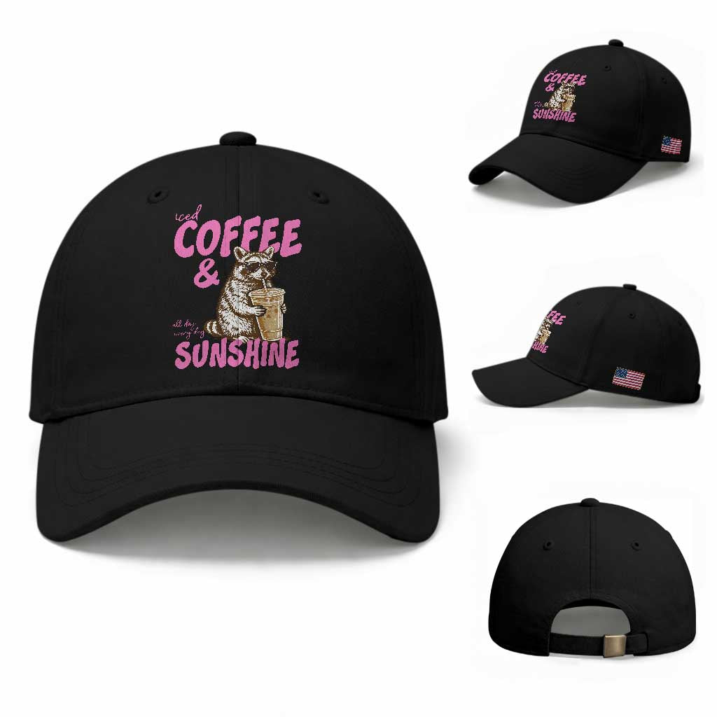 Iced Coffee and Sunshine Baseball Cap Funny Raccoon Summer Coffee Lover Gift