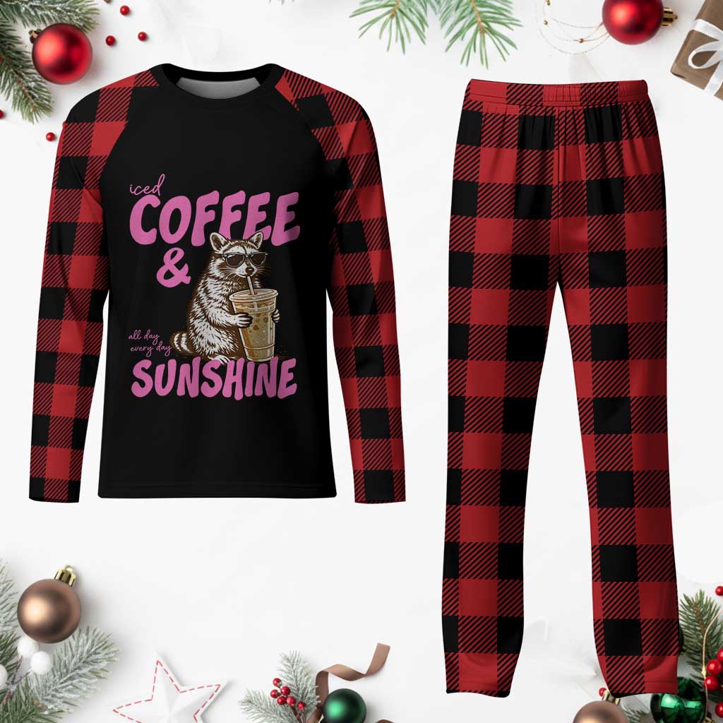 Iced Coffee and Sunshine Plaid Pajama Set Funny Raccoon Summer Coffee Lover Gift