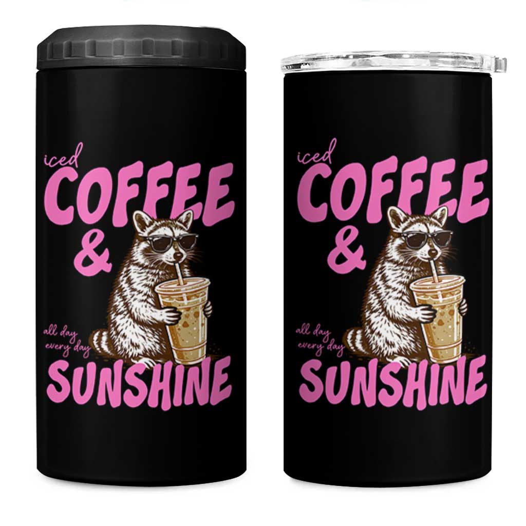 Iced Coffee and Sunshine 4 in 1 Can Cooler Tumbler Funny Raccoon Summer Coffee Lover Gift