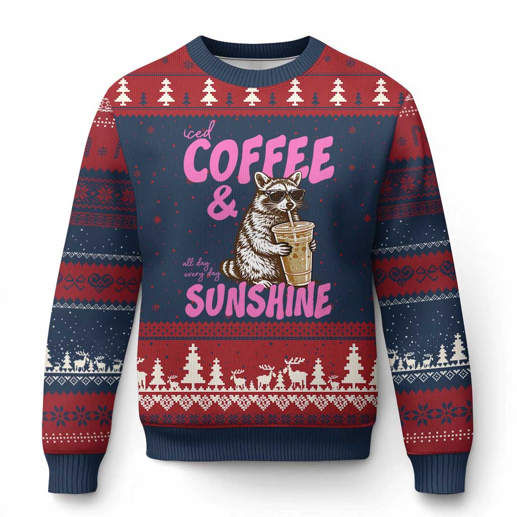 Iced Coffee and Sunshine Ugly Christmas Sweater Funny Raccoon Summer Coffee Lover Gift