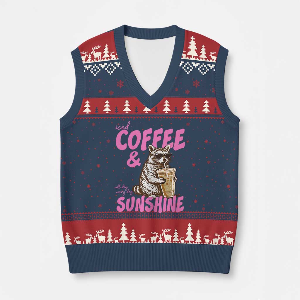 Iced Coffee and Sunshine V-Neck Knit Sweater Vest Funny Raccoon Summer Coffee Lover Gift