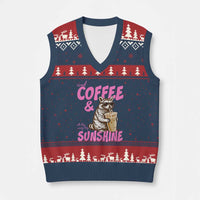 Iced Coffee and Sunshine V-Neck Knit Sweater Vest Funny Raccoon Summer Coffee Lover Gift