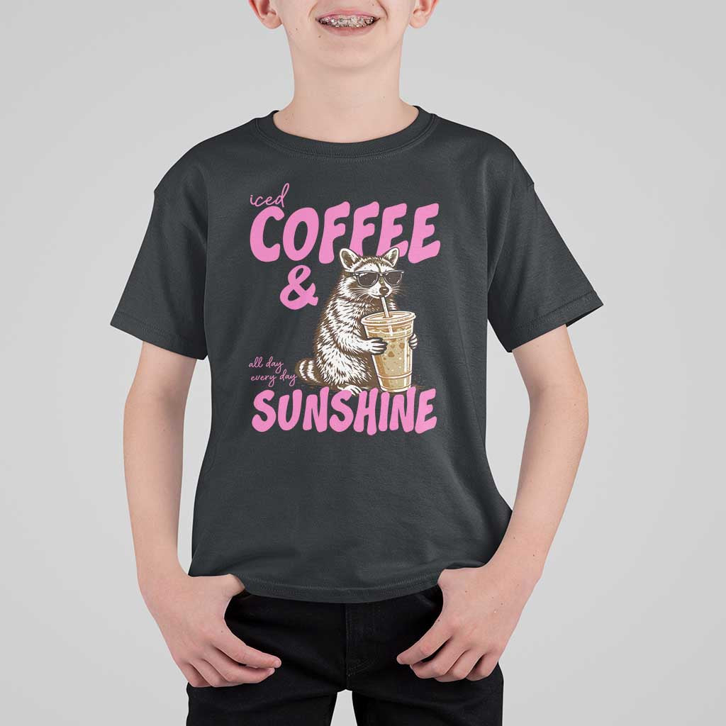 Iced Coffee and Sunshine T Shirt For Kid Funny Raccoon Summer Coffee Lover Gift