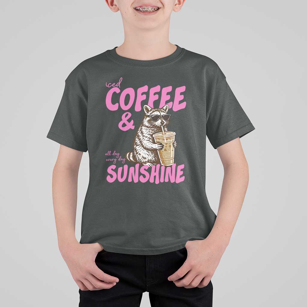 Iced Coffee and Sunshine T Shirt For Kid Funny Raccoon Summer Coffee Lover Gift
