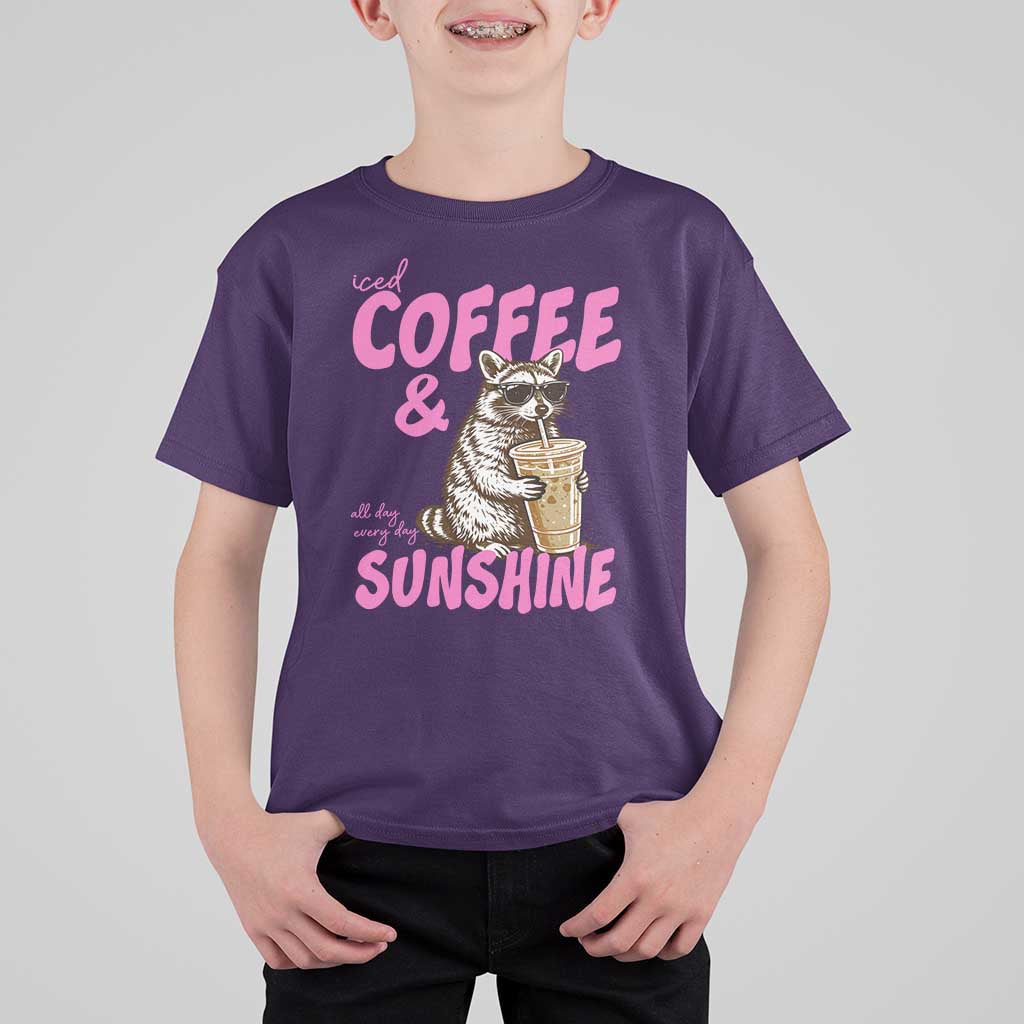 Iced Coffee and Sunshine T Shirt For Kid Funny Raccoon Summer Coffee Lover Gift
