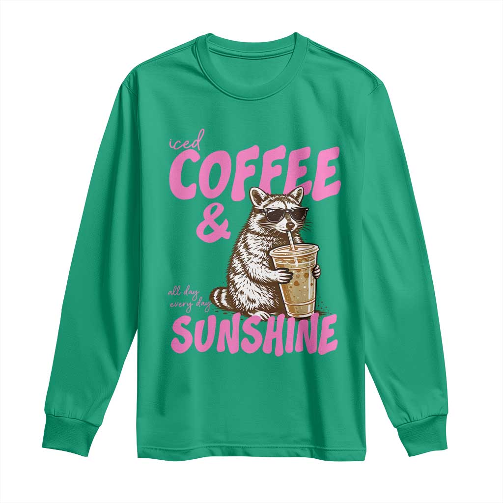 Iced Coffee and Sunshine Long Sleeve Shirt Funny Raccoon Summer Coffee Lover Gift