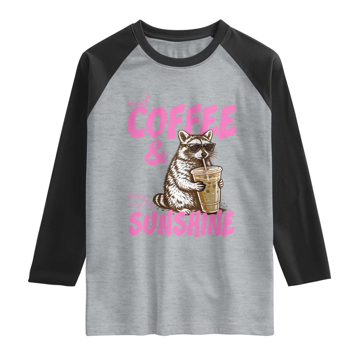 Iced Coffee and Sunshine Raglan Shirt Funny Raccoon Summer Coffee Lover Gift