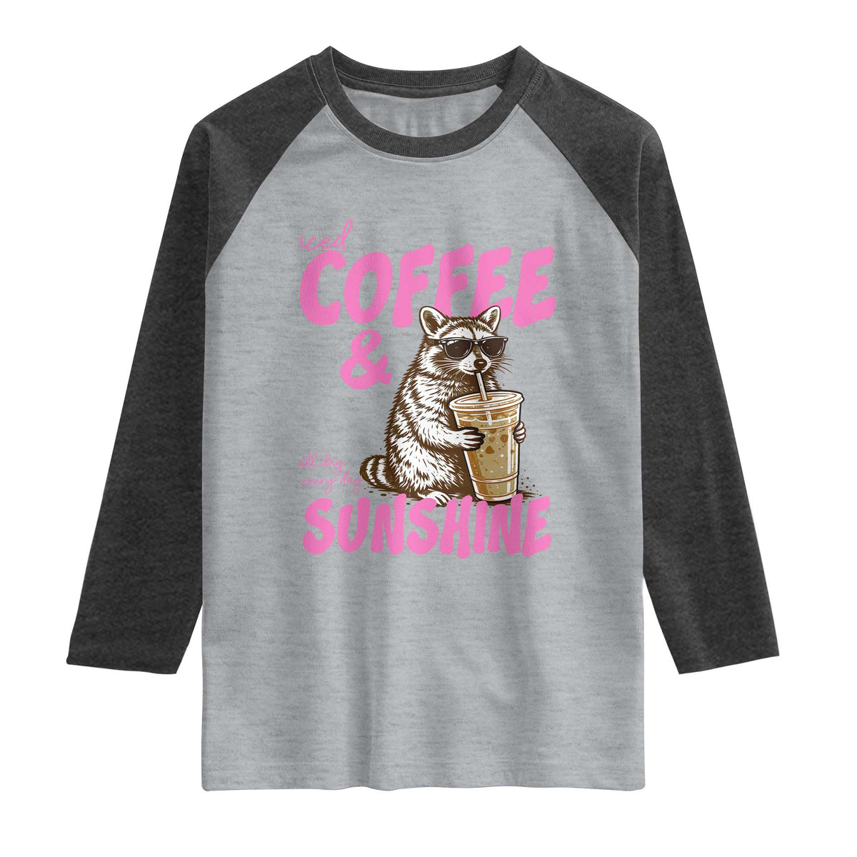Iced Coffee and Sunshine Raglan Shirt Funny Raccoon Summer Coffee Lover Gift