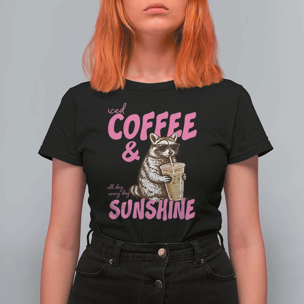 Iced Coffee and Sunshine T Shirt For Women Funny Raccoon Summer Coffee Lover Gift