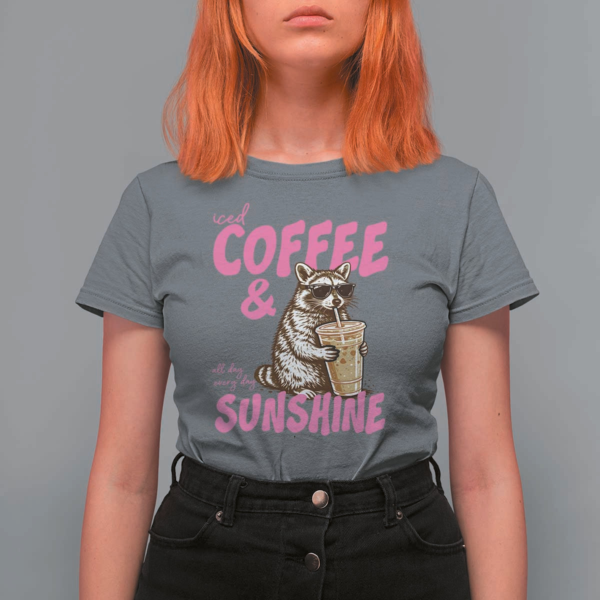 Iced Coffee and Sunshine T Shirt For Women Funny Raccoon Summer Coffee Lover Gift