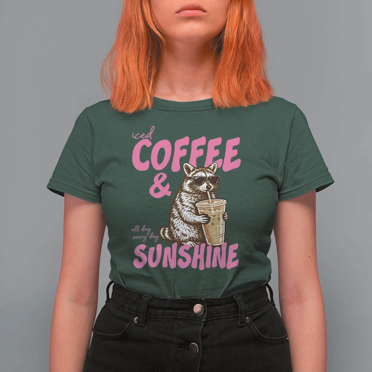 Iced Coffee and Sunshine T Shirt For Women Funny Raccoon Summer Coffee Lover Gift