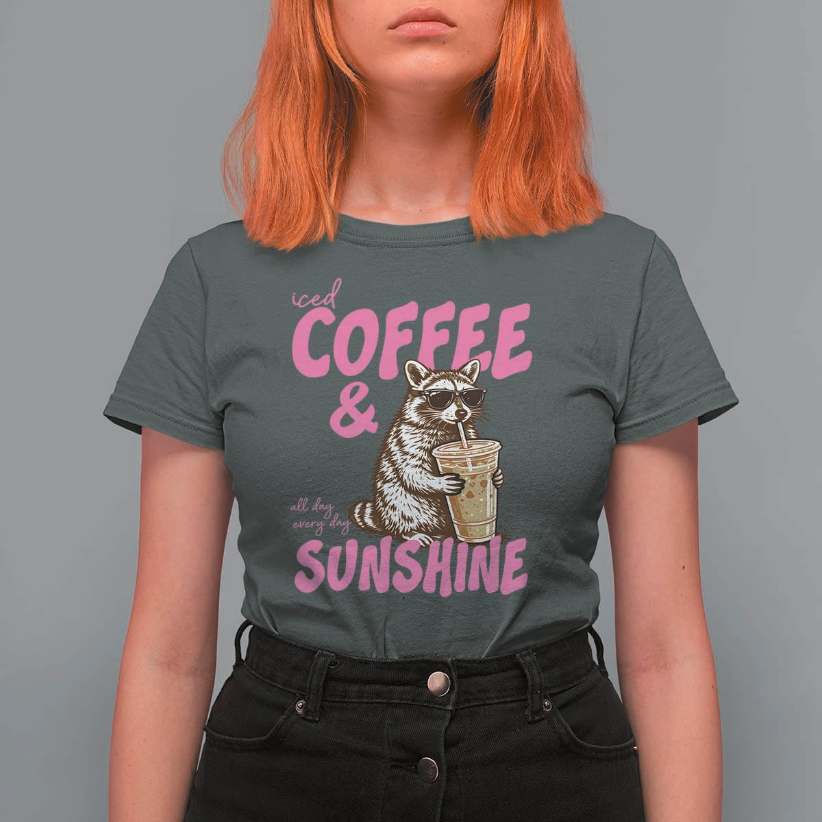 Iced Coffee and Sunshine T Shirt For Women Funny Raccoon Summer Coffee Lover Gift
